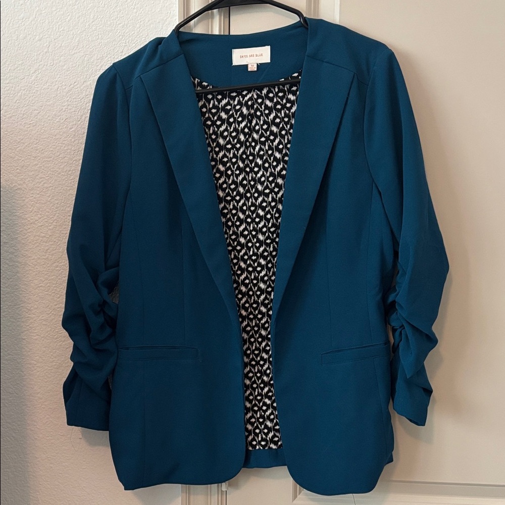 Skies Are Blue Teal Ruched Sleeve Blazer